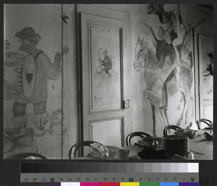 Le réfectoire des médecins: fresques. Le réfectoire se trouvait dans le corps de bâtiments situé au nord de la cour principale de l'hôpital cantonal.