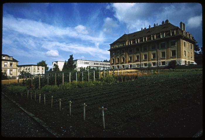 Site du CHUV avant la construction de ce dernier. De droite à gauche sur l'arrière plan, l'institut de microbiologie, l'institut de pathologie et les bâtiments de l'hôpital cantonal.